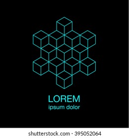 Isometric cubes minimal logo concept, blue logotype design template on black background