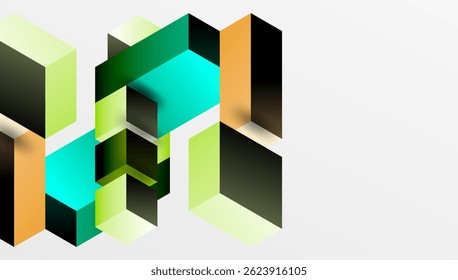 Isometric cubes overlap, creating abstract composition. Colors range from green, turquoise, beige, brown. Minimalist design, clean lines.