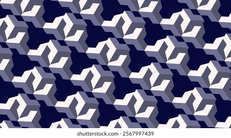 isometric cubes in shades of gray and white against a dark blue background. 