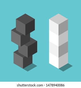 Isometric cubes stacked in wrong and right ways, stable and unstable. Risk management, investment and stability concept. Flat design. EPS 8 vector illustration, no transparency, no gradients