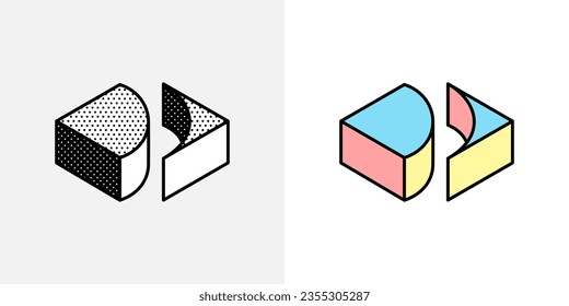 Isometric cubic logo. Optical illusion sign. Retro 3D icons set with black and white polka dots and colored options. Vector impossible shape for halftone label, crypto company, vintage posters.