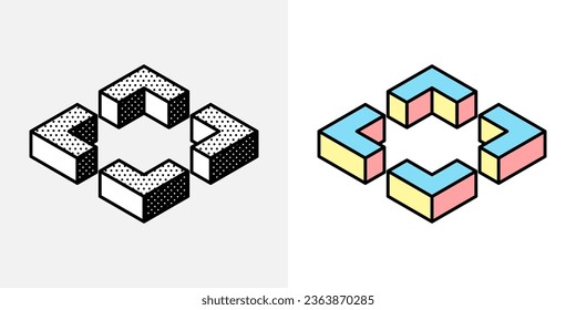 Isometric cubic logo. Optical illusion sign. Retro 3D icons set with black and white polka dots and colored options. Vector impossible shape for halftone label, crypto company, vintage posters.