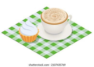 Taza isométrica con café negro con torta.