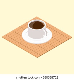 Isometric Cup Of Coffee On Wooden Mat. Vector Illustration