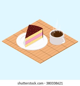 Isometric cup of coffee and piece of cake on wooden mat. Vector illustration
