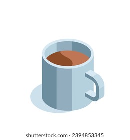 isometric cup with coffee or tea, in color on a white background, lunch break or rest time