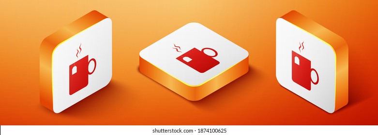 Isometric Cup of tea with tea bag icon isolated on orange background. Orange square button. Vector.