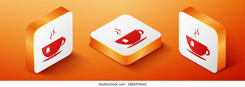 Isometric Cup with tea bag icon isolated on orange background. Orange square button. Vector.