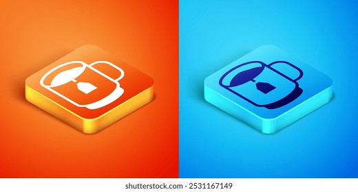 Isometric Cup of tea with tea bag icon isolated on orange and blue background. Vector