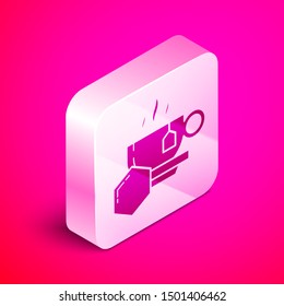 Isometric Cup of tea with honey icon isolated on pink background. Sweet natural food. Silver square button. Vector Illustration