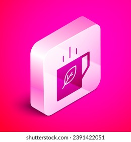 Isometric Cup of tea and leaf icon isolated on pink background. Silver square button. Vector