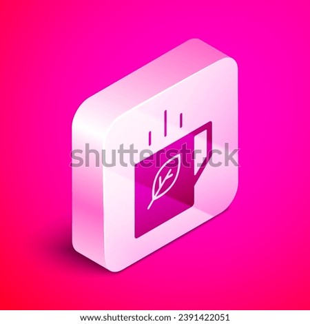 Isometric Cup of tea and leaf icon isolated on pink background. Silver square button. Vector