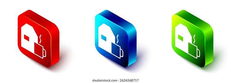 Isometric Cup of tea with milk icon isolated on white background. Red, blue and green square button. Vector