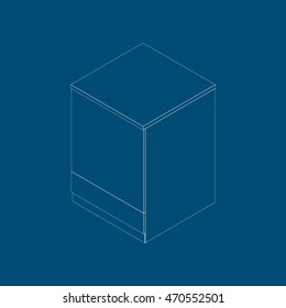 Isometric cupboard with one door and bottom drawer. Kitchen cabinet in a modern style on blue background. Vector illustration