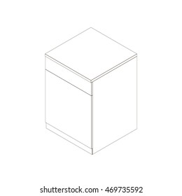 Isometric cupboard with one door and top drawer. Kitchen cabinet in a modern style, isolated on white background. Vector illustration