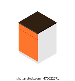 Isometric cupboard with one door and top drawer. Kitchen cabinet in a modern style, isolated on white background. Vector illustration