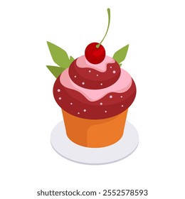 Isometric cupcake. Delicious chocolate or vanilla dessert with cherry 3d vector illustration. Sweet pastry muffin on white