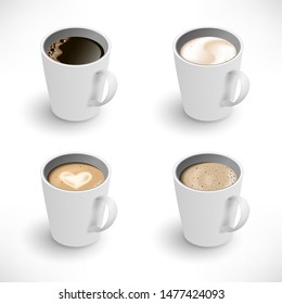 Isometric Cups of coffee assortment set. Black coffee, cappuccino, latte, espresso, macchiatto, mocha top view. Easy to edit realistic vector collection. 3d model americano white cup isolated on white