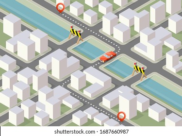 Isometric curselric Stadtplan Navigation, Flaat-Isometrie 3D einfache SperrStädtetrip GPS-Navigation, Quarantäneendgültiger Endziel-Pfeil