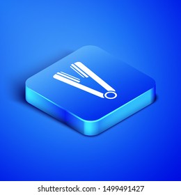 Isometric Curling iron for hair icon isolated on blue background. Hair straightener icon. Blue square button. Vector Illustration