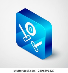 Isometric Curling sport game icon isolated on grey background. Sport equipment. Blue square button. Vector