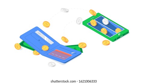 Isometric currency transfer between purses. Vector illustration of soaring gold and silver coins, notes, bank cards and wallets isolated on white background. Flat cash of exchange, investment and