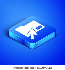 Isometric Cursor click document folder icon isolated on blue background. Accounting binder symbol. Bookkeeping management. Blue square button. Vector Illustration