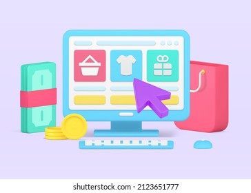 Isometric Cursor Pointing On Goods At Website Computer Monitor Online Shopping 3d Icon Vector Illustration. Choosing Purchase At Digital Store With Fashion Products Pay Cash Money Dollar Currency Coin