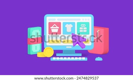 Isometric cursor pointing on goods at website computer monitor online shopping 3d icon vector illustration. Choosing purchase at digital store with fashion products pay cash money dollar currency coin