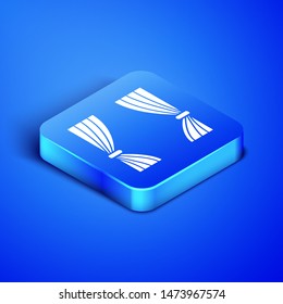 Isometric Curtain icon isolated on blue background. For theater or opera scene backdrop, concert grand opening or cinema premiere. Blue square button. Vector Illustration