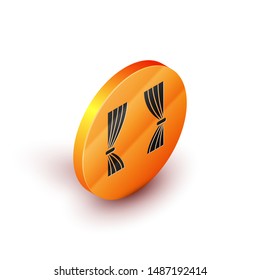 Isometric Curtain icon isolated on white background. For theater or opera scene backdrop, concert grand opening or cinema premiere. Orange circle button. Vector Illustration
