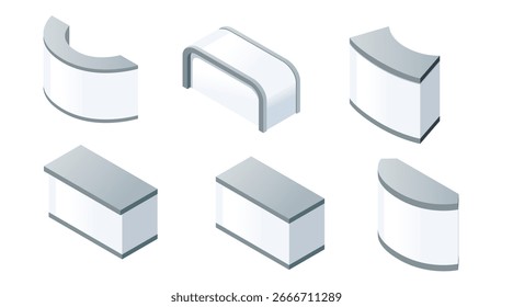 Elementos de interface curva isométrica. Seis componentes de exibição suaves cinza e branco. Peças modernas de design de interface do usuário para aplicativos móveis e da Web. Ilustração vetorial isolada sobre fundo branco.