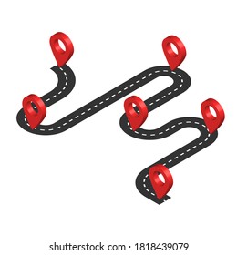 Isometric curved road with white markings and red pin pointers. Road way location infographic template. Highway top view. Vector illustration isolated on white background.