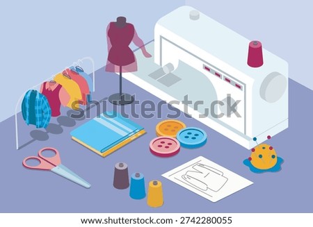 Isometric custom tailor service. Scissors, buttons, mannequin, and sewing machine. Seamstress or atelier workshop. Clothing production. Volumetric vector illustration