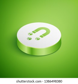 Isometric Customer attracting icon isolated on green background. Customer retention, support and service. Customer people attracting with magnet. White circle button. Vector Illustration