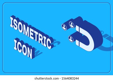 Isometric Customer attracting icon isolated on blue background. Customer retention, support and service. Customer people attracting with magnet.  Vector Illustration