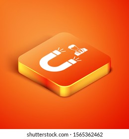 Isometric Customer attracting icon isolated on orange background. Customer retention, support and service. Customer man attracting with magnet.  Vector Illustration
