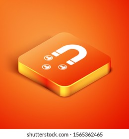 Isometric Customer attracting icon isolated on orange background. Customer retention, support and service. Customer people attracting with magnet.  Vector Illustration