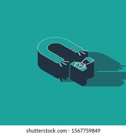 Isometric Customer attracting icon isolated on green background. Customer retention, support and service. Customer man attracting with magnet.  Vector Illustration