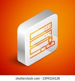 Isometric Customer care server icon isolated on orange background. Tech support concept with male operator. Call center sign. Silver square button. Vector Illustration
