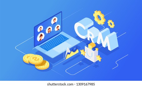 Isometric customer relationship management concept background. Company interaction approach.