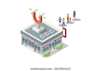 Isometric Customer retention vector concept. Hand with magnet has appeared from the store building attracting people from everywhere.