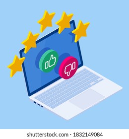 Isometric customer review or feedback concept. Online survey of customer satisfaction, election voting, product development research. Rating on customer service and user experience.