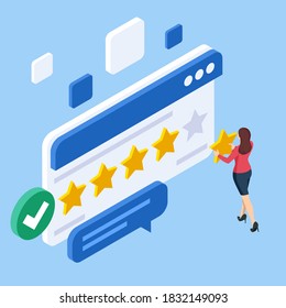 Isometric customer review or feedback concept. Online survey of customer satisfaction, election voting, product development research. Rating on customer service and user experience.