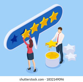 Isometric customer review or feedback concept. Online survey of customer satisfaction, election voting, product development research. Rating on customer service and user experience.