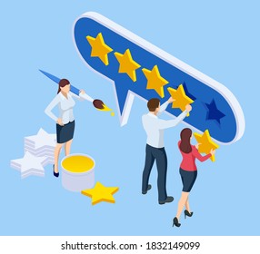 Isometric customer review or feedback concept. Online survey of customer satisfaction, election voting, product development research. Rating on customer service and user experience.