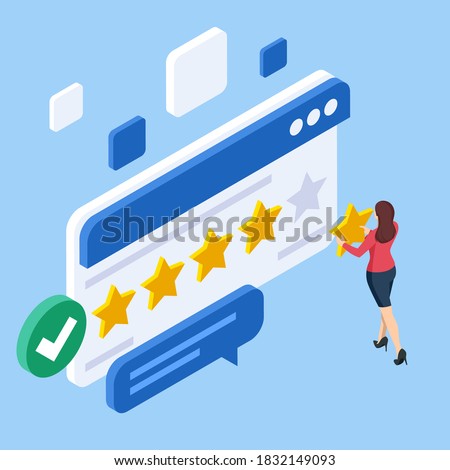 Isometric customer review or feedback concept. Online survey of customer satisfaction, election voting, product development research. Rating on customer service and user experience.