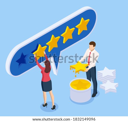 Isometric customer review or feedback concept. Online survey of customer satisfaction, election voting, product development research. Rating on customer service and user experience.