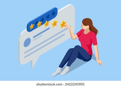 Isometric Customer review or feedback. Mobile payment. User reviews online. Speech bubble, text message, social media comment.