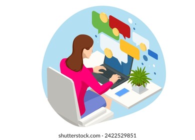 Isometric Customer review or feedback. Mobile payment. User reviews online. Speech bubble, text message, social media comment.